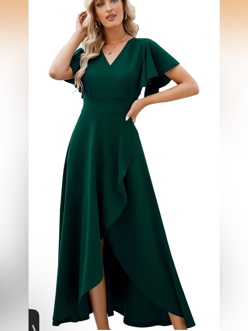 ZZV Emerald Green V-Neck Ruffle Midi Dress
